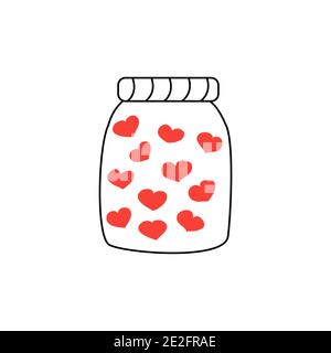 Jar with red hearts inside. Valentines Day. Confession of feelings. Vector isolated illustration doodle hand drawn. The 14th of February. Icon or card Stock Vector