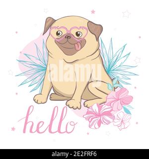 Cute cartoon pugs wearing glasses. Vector dog illustration on white background Stock Vector