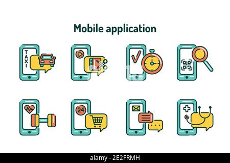 Mobile applications in smartphone color line icons set. Pictograms for web page, mobile app, promo. UI UX GUI design element. Editable stroke Stock Vector