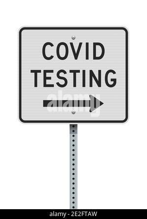 Concept Covid Testing white road sign with arrow to the right  on metallic post Stock Vector