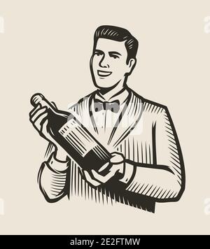 Waiter or sommelier with a bottle of wine. Restaurant vector illustration Stock Vector