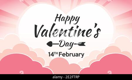 Happy Valentines Day colorful sky in in the morning time background with clouds and sun heart with rays Stock Vector