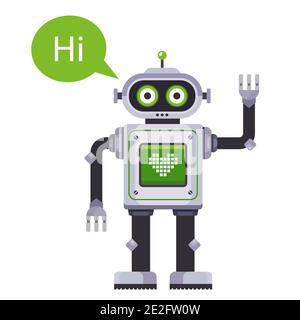 the robot waves his hand and says hi. flat character vector illustration isolated on white background. Stock Vector