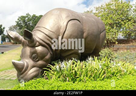 Front view of a rhino statue in the grounds of GWK park, Bali, Indonesia. Big rhino statue in Garuda Wisnu Kencana area Stock Photo