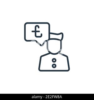 Businessman with pounds message in a speech bubble outline vector icon. Thin line black businessman with pounds message in a speech bubble icon, flat Stock Vector