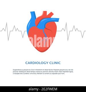Cardiology clinic banner with place for text. Medical poster with heart symbol in flat style. Vector illustration. Stock Vector