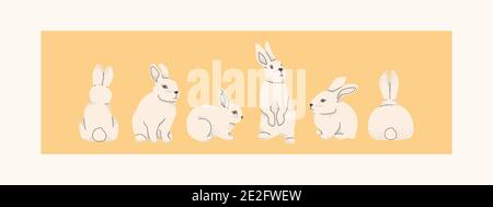 Rabbits, hares or Easter bunnies. In different poses and different angles. Vector decorative illustration. Stock Vector