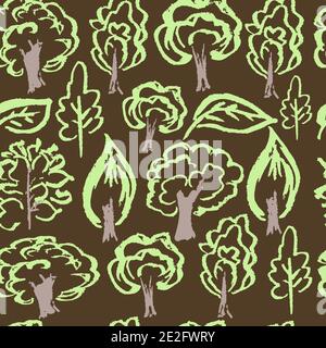 Seamless children's drawing. Colored wax crayons. Icons, signs, symbols. Elements for design. Green trees Stock Vector