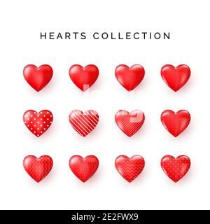 Set of red decorative Hearts with shadow. Abstract decoration element. Stylized Hearts collection for greeting card on Valentines day or other templat Stock Vector