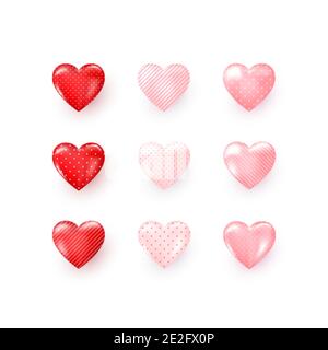 Set of red and pink decorative Hearts with shadow ornate dots and stripes. Stylized Hearts collection for greeting card on Valentines day or other tem Stock Vector