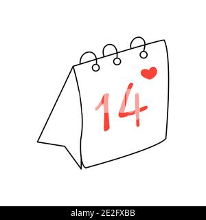 Tear-off calendar with the date of February 14 and a red heart. Vector isolated illustration in doodle hand drawn style. Happy Valentines Day Stock Vector