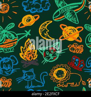 Seamless drawing. Colored wax crayons. Icons, signs, symbols, pins. Safari travel. Plane, helicopter, bonfire, lion, planets Stock Vector