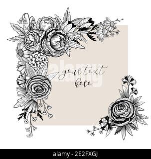 Cute vintage square floral frame. Hand drawn illustration in engraving style. Stock Vector