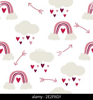 Seamless pattern of rainbows and clouds with rain hearts in childish Scandinavian style on a white background. Stock Vector
