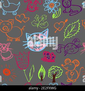 Seamless drawing. Colored wax crayons. Icons, signs, symbols, pins. Cats, hares, flowers, trees, pig Stock Vector