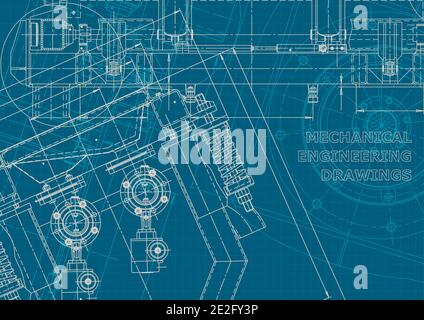 Computer aided design systems. Blueprint, scheme, plan, sketch. Technical illustrations, backgrounds. Corporate style. Machine-building industry. Inst Stock Vector