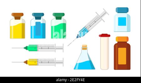 Set of isolated medical items. A syringe with an injection and needle, pharmacology liquid, an Empty beaker, pill jars, glass bottle, Test tube. isola Stock Vector