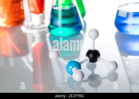 Closeup shot of a molecule structure on a lab table Stock Photo