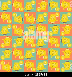 Vector breakfast utensil seamless pattern background Checkered blue orange backdrop with scandi style coffee pots and cups. Mid century crockery Stock Vector