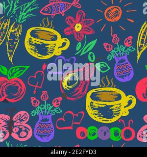 Seamless Cute children's drawing. Wax crayons. Icons, signs, symbols, pins. Cozy drawings. Tea, fruits, flowers Stock Vector