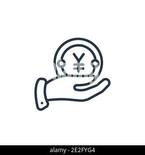 Yen coin on hands outline vector icon. Thin line black yen coin on hands icon, flat vector simple element illustration from editable business concept Stock Vector