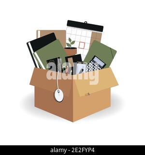 Concept of moving to new office. Cardboard brown box 3d with folders,wall calendar, pen,pencils, personal organizer,planner, envelope, plant,mouse Stock Vector