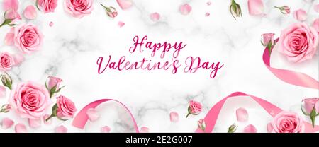 Valentines Day background with rose petals and rose buds. Rose flowers with pink ribbon on marble background. 3d realistic vector. Holiday poster Stock Vector