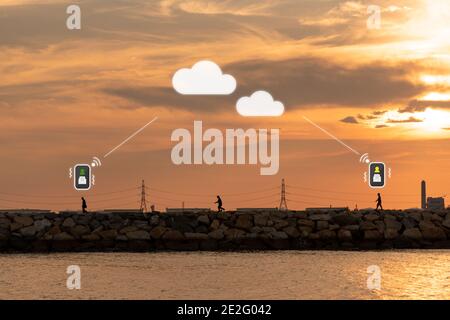 iot mobile application message send to reciever by cloud medium to another destination Stock Photo