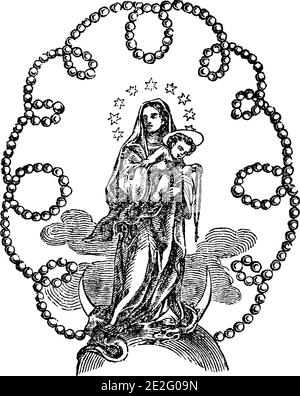 Ornamental image of Madonna or virgin Mary holding baby Jesus Christ surrounded by pearl ornament.Antique vintage biblical Christian religious engraving or drawing. Stock Vector