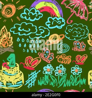 Seamless children's drawing. Colored wax crayons on black background. Icons, signs, symbols, pins. Moon, clouds, rain, rainbow Stock Vector