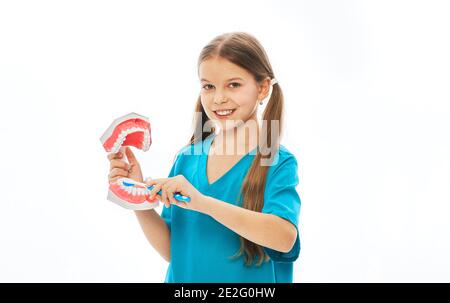 Positive girl in a blue t-shirt showing how to properly brush her teeth using an anatomical model of jaw and a toothbrush. Isolated on white Stock Photo