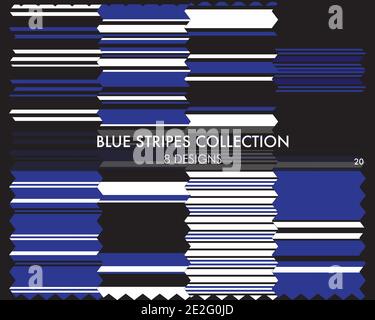 Blue striped seamless pattern collection includes 8 designs for fashion textiles, graphics Stock Vector