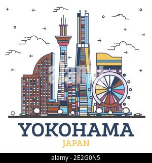 Outline Yokohama Japan City Skyline with Modern Colored Buildings Isolated on White. Vector Illustration. Yokohama Cityscape with Landmarks. Stock Vector