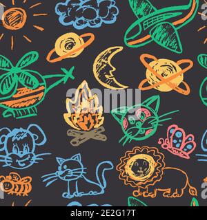 Seamless children's drawing. Colored wax crayons. Icons, signs, symbols, pins. Safari travel. Plane, helicopter, bonfire, lion Stock Vector