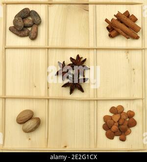 Concept with ingredients for chocolate, cocoa beans, cinnamon, anise, apricot beans, nutmeg in a grid made by sticks on natural wood background Stock Photo