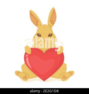 Cute bunny holding red heart. Fluffy rabbit. Valentine Day, Easter spring character, love confession concept. Can be used as card, print or poster Stock Vector