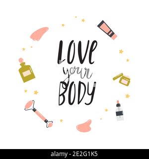 Face and body skin care concept. Beauty routine. Stock Vector