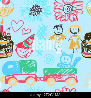Seamless Cute children's drawing. Wax crayons. Icons, signs, symbols, pins. Kids, Cake, Flowers, Train Stock Vector