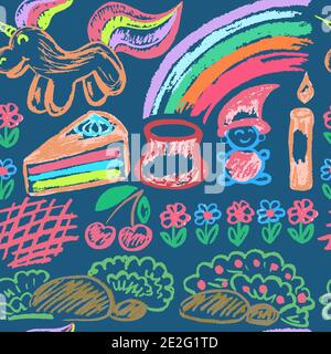 Seamless children's drawing. Colored wax crayons. Icons, signs, symbols, rainbow Stock Vector
