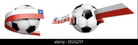 balls for soccer, classic football in ribbons with colors Chile flag. Design element for football competitions. Isolated vector on white background Stock Vector