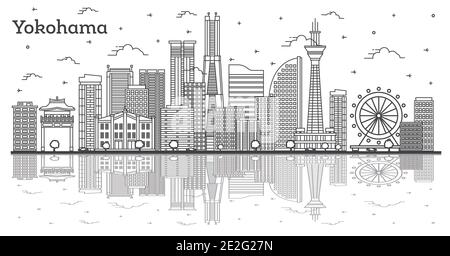 Outline Yokohama Japan City Skyline with Modern Buildings and Reflections Isolated on White. Vector Illustration. Yokohama Cityscape with Landmarks. Stock Vector