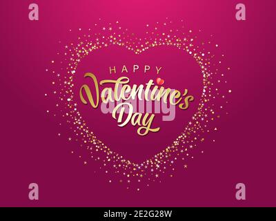 Happy Valentines Day typography in golden sparkling stroke heart with dust glitter graphic on pink background. Decorative glowing dots, shiny texture Stock Vector