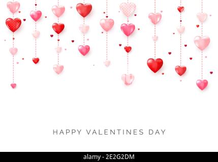 Happy Saint Valentine's day card. Hanging pink and red hearts. Vector Stock Vector