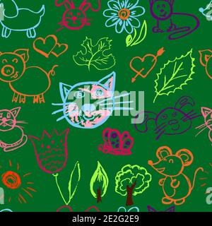 Seamless Cute children's drawing. Wax crayons. Icons, signs, symbols, pins. Cats, hares, flowers, pig, mouse Stock Vector