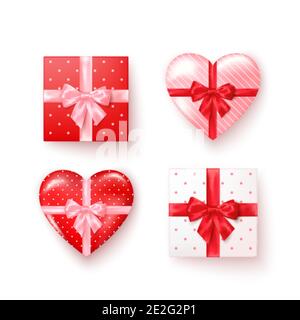 Set of gift boxes with silk bows in realistic style top view. Square and heart shape boxes. Vector Stock Vector