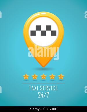 Taxi service banner. Yellow taxi icon. Yellow Map pin with taxi car sign on blue background. Vector illustration Stock Vector