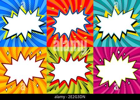 Speech bubbles set. Pop art styled blank speech bubbles template for your design. Clear empty bang comic speech bubbles on colored twisted backgrounds Stock Vector