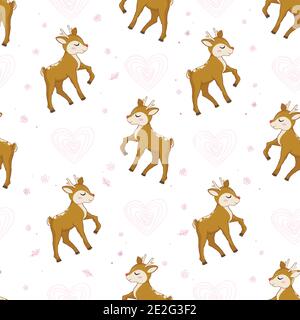Cute deer with hearts vector seamless pattern. Children's themed Wallpapers Stock Vector