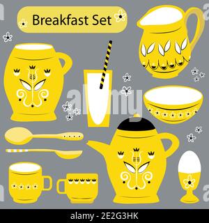 Vector breakfast utensil set. Yellow white black retro country jugs, bowls, spoons, glasses, egg cups with scandi style ornaments. Hand drawn crockery Stock Vector