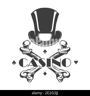 Cylinder Hat and Skeleton Bones with wording Casino. Casino Emblem in tattoo style. vector illustration. Stock Vector